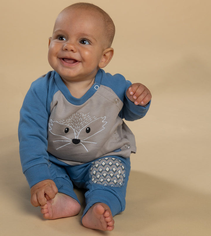 Baby dreng i sej bluse i blå og beige med broderet pindsvin